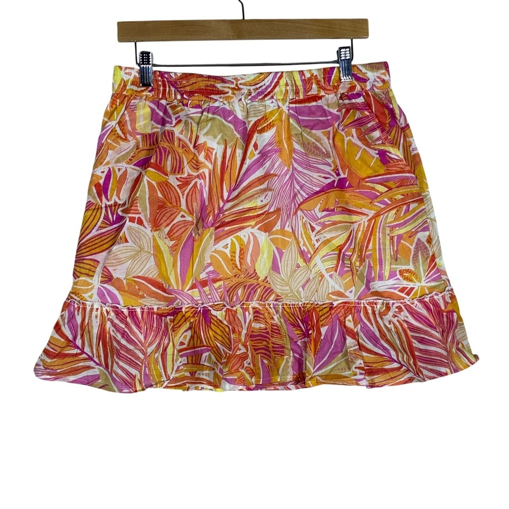 C&C California Tropical Palm Leaf Ruffle Mini Skirt Orange Pink Boho Size XL